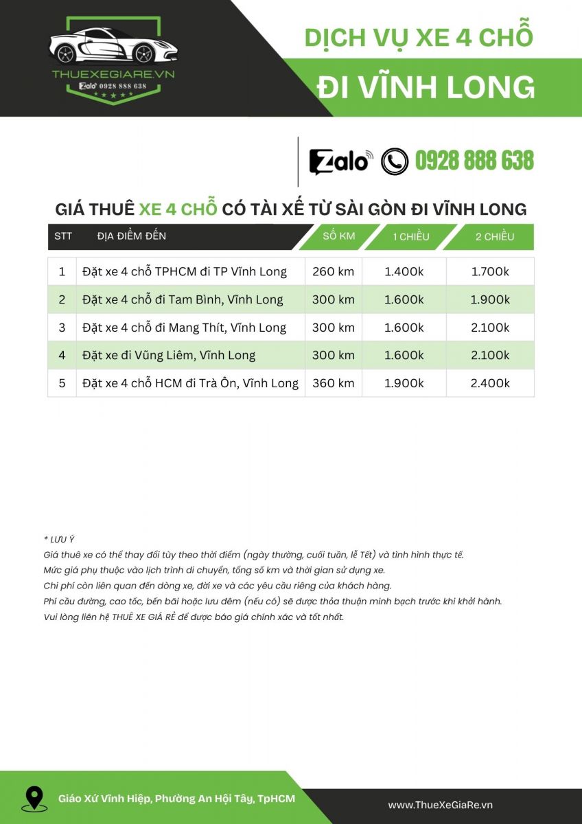 Bảng giá thuê xe 4 chỗ có tài xế từ TpHCM đi Vĩnh Long