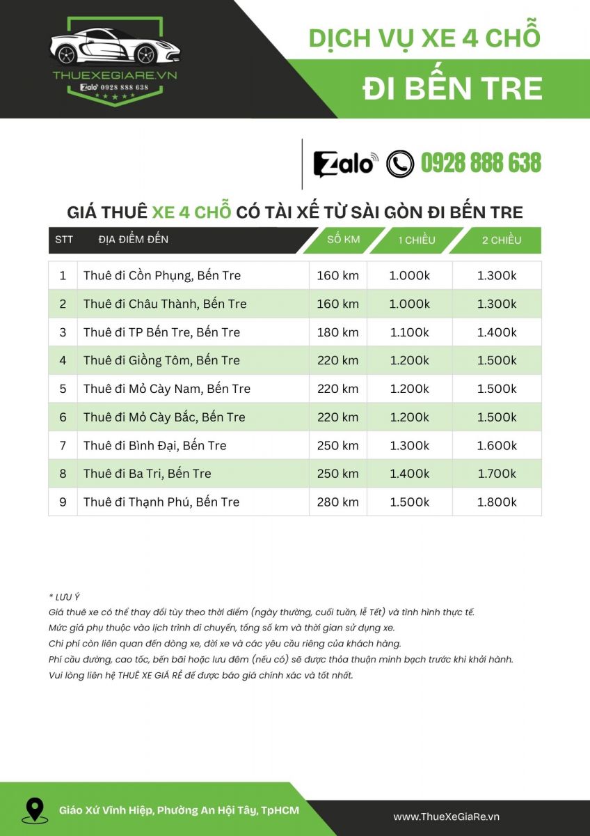Bảng giá thuê xe 4 chỗ có tài xế từ TpHCM đi Bến Tre