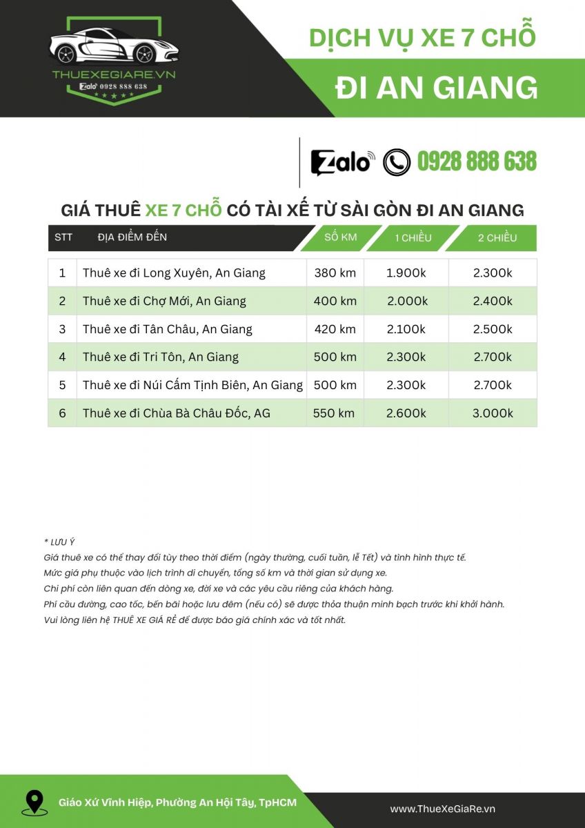 Bảng giá thuê xe 7 chỗ có tài xế đi An Giang