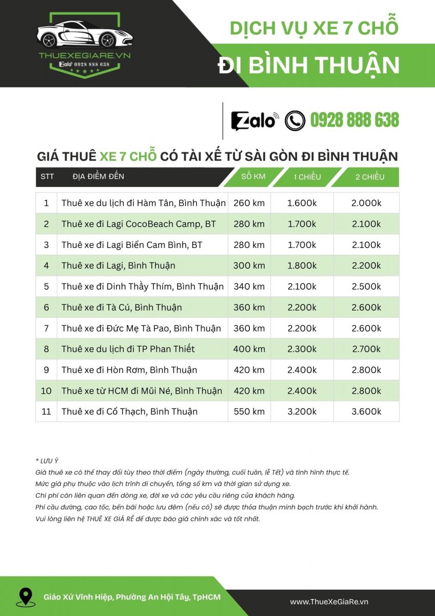 Bảng giá thuê xe 7 chỗ có tài xế đi từ TpHCM đến Bình Thuận