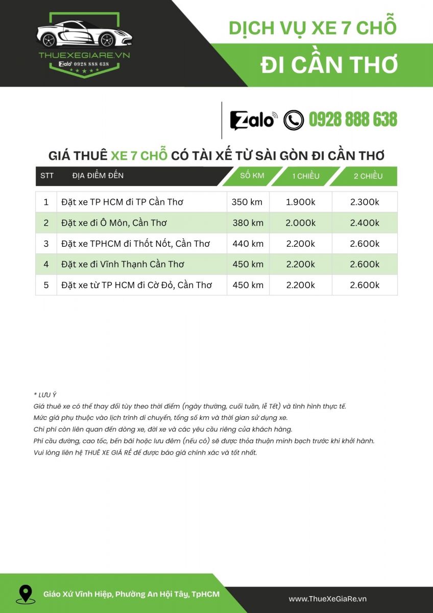 Bảng giá thuê xe 7 chỗ có tài xế từ TpHCM đi Cần Thơ