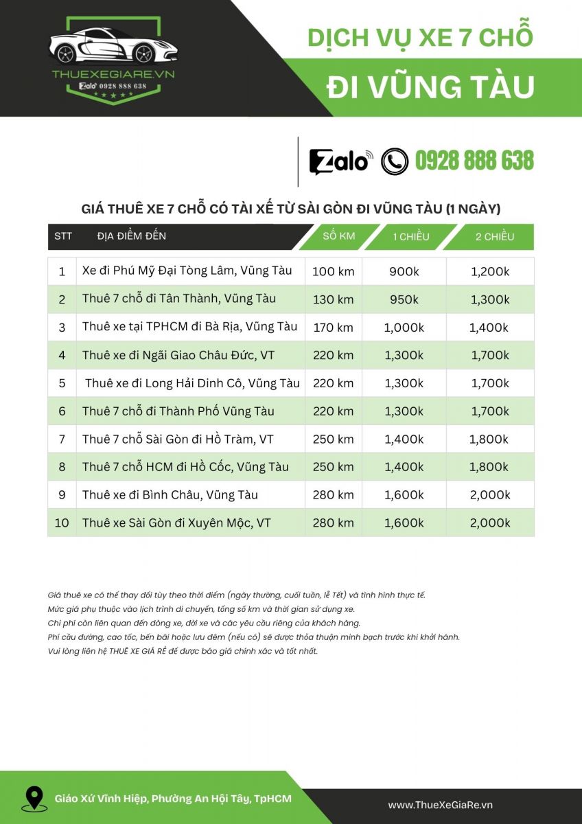 bảng giá thuê xe 7 chỗ đi Vũng tàu