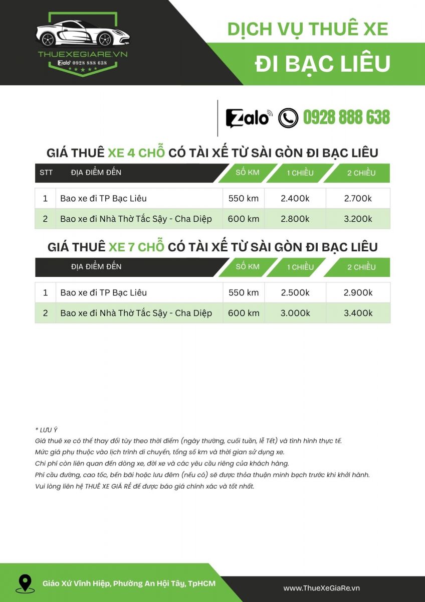 Bảng giá thuê xe 4 chỗ - 7 chỗ có tài xế từ Sài Gòn đi Bạc Liêu
